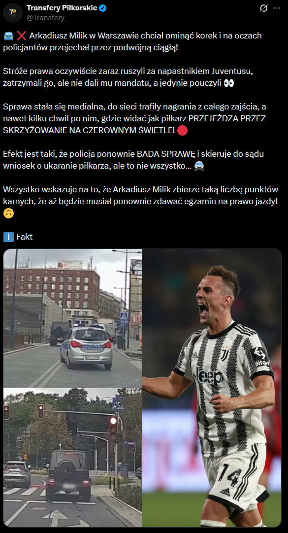 HIT! Oto co grozi Arkadiuszowi Milikowi za ZŁAMANIE PRZEPISÓW RUCHU DROGOWEGO w Warszawie xD